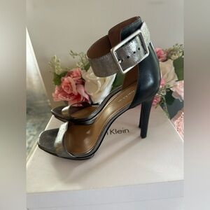 Calvin Klein Black Leather & Silver Metallic Ankle Strap Heels